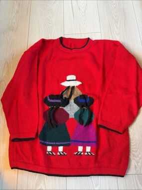 Peruvian Alpaca wool Crewneck Sweater with Mountain women motive